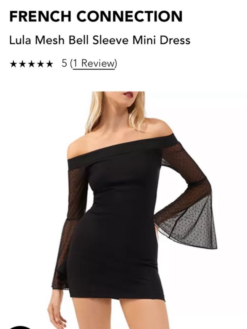 French Connection Lula Off-Shoulder Mesh Bell Sleeve Mini cocktail Dress Black M